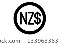 Simple black line drawing icon of New Zealand dollar currency in a circular mark 133963363