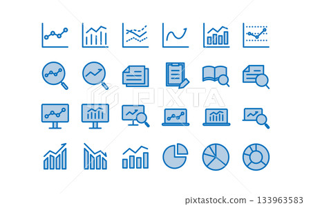 Data analysis and research simple line blue icon set 133963583