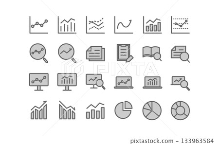 Data analysis and research simple line gray icon set Data analysis and research simple line gray icon set 133963584