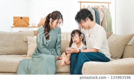 Family relaxing on the sofa at home, family, childcare (affection, family love) 133963596