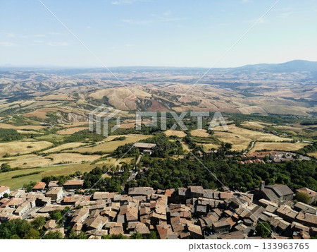 Aerial View of Rural Fields and Town in Italy Aerial View of Rural Fields and Town in Italy 133963765