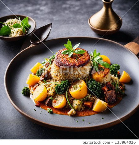 Pan Seared Cutlet with Broccoli and Root Vegetables 133964020