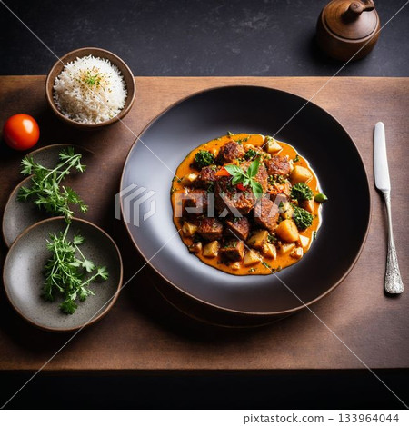 Gourmet Stew with Herbs and Pumpkin on Wood Table 133964044