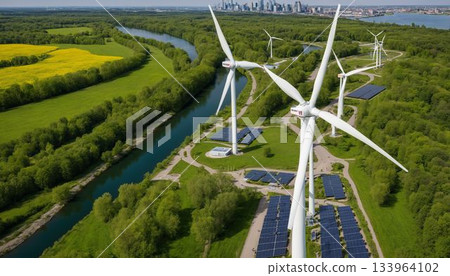Aerial view of wind turbines in eco valley Aerial view of wind turbines in eco valley 133964102