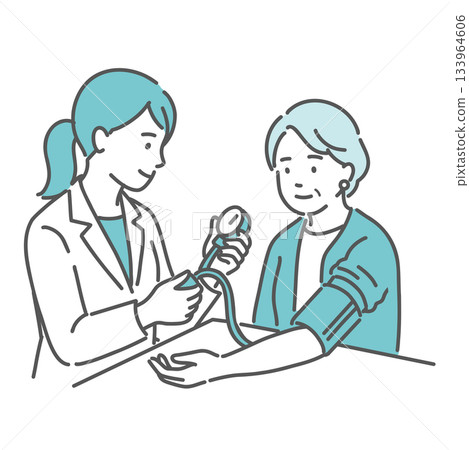 Illustration of blood pressure measurement by a medical professional (examination, elderly woman) Illustration of blood pressure measurement by a medical professional (examination, elderly woman) 133964606