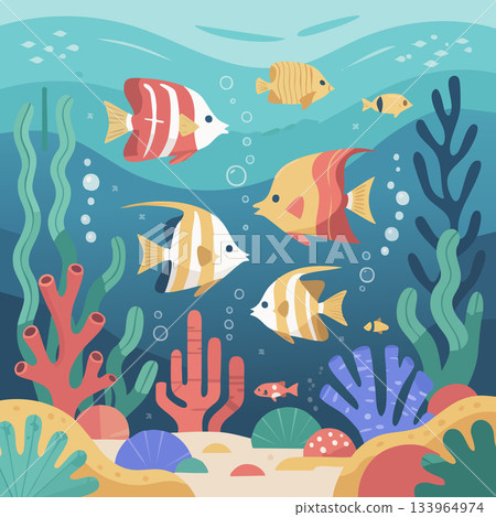 Vibrant undersea world brimming with colorful fish, coral reefs, and playful bubbles, perfect for children's books, educational content, and cheerful designs 133964974