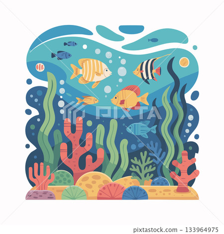 Discover vibrant underwater life with a playful fish illustration, perfect for children's books, educational materials, and ocean-themed designs 133964975