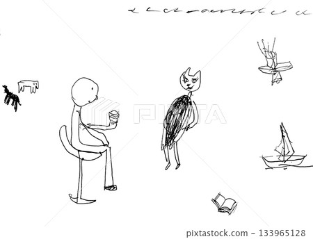 [Transparent Background] Monochrome line art set featuring a person sitting in a chair and holding a glass, anthropomorphic cats and dogs, a yacht, and a book. 133965128