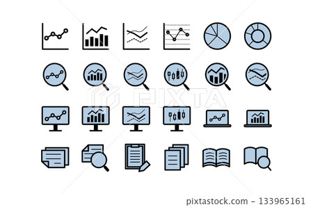 Data analysis and research simple black line blue icon set 133965161