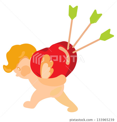 An illustration of Cupid walking with a big heart-shaped love object on his back, pierced by three arrows of love 133965239