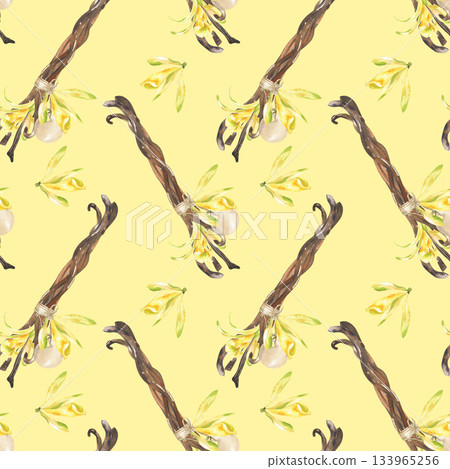 Aroma pastry vanilla sticks pod with yellow orchid flowers watercolor seamless pattern on yellow background. Hand drawn fragrant spices for bakery food, organic cosmetics packing, textile design Aroma pastry vanilla sticks pod with yellow orchid flowers watercolor seamless pattern on yellow background. Hand drawn fragrant spices for bakery food, organic cosmetics packing, textile design 133965256