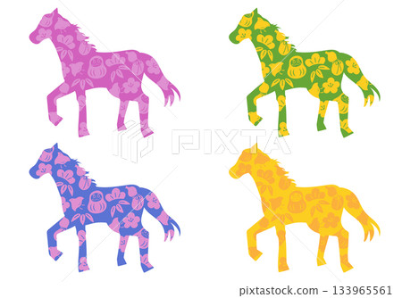 A set of four vector illustrations of horse silhouettes decorated with Japanese-style auspicious patterns 133965561
