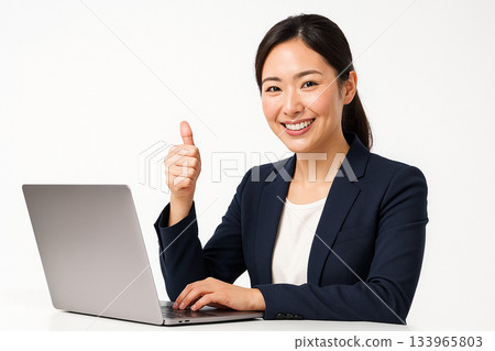 3D illustration of a Japanese woman showing her thumbs up. A symbol of trust and a positive impression. 133965803