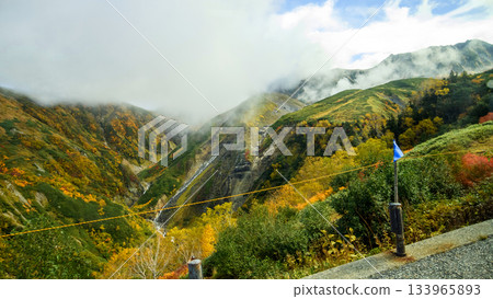 從巴士車窗望出去，立山高原上，雨後的五叉門瀑布，富山縣 133965893