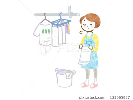 Illustration of a woman in an apron hanging out laundry with a tired expression Illustration of a woman in an apron hanging out laundry with a tired expression 133965937
