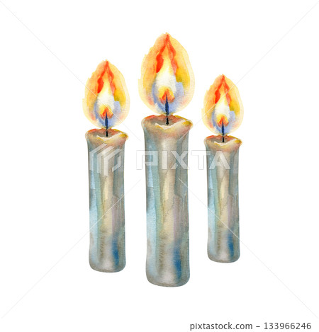 Watercolor candles with warm glowing flames. Symbol of prayer, remembrance, peace and spiritual light. Suitable for Christian themes, holiday decor, memorial designs, greeting cards and inspirational Watercolor candles with warm glowing flames. Symbol of prayer, remembrance, peace and spiritual light. Suitable for Christian themes, holiday decor, memorial designs, greeting cards and inspirational 133966246
