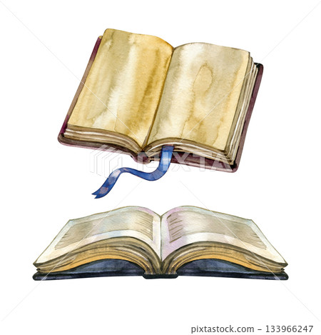 Watercolor open Bible symbolizing knowledge, faith and spiritual wisdom. Warm gentle tones create a sacred atmosphere. Perfect for Christian designs, study materials, church graphics and inspirational Watercolor open Bible symbolizing knowledge, faith and spiritual wisdom. Warm gentle tones create a sacred atmosphere. Perfect for Christian designs, study materials, church graphics and inspirational 133966247