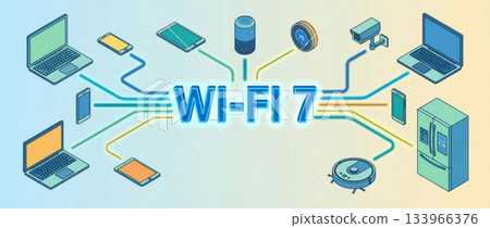 Wi-Fi 7 technology concept with connected smart home devices. Isometric illustration of an IoT network ecosystem showing wireless connectivity 133966376