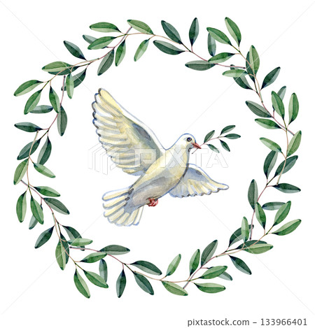 Watercolor illustration of a peace dove carrying an olive branch inside a green leafy wreath. Perfect for religious designs, invitations, spiritual themes, wedding decor, greeting cards and Watercolor illustration of a peace dove carrying an olive branch inside a green leafy wreath. Perfect for religious designs, invitations, spiritual themes, wedding decor, greeting cards and 133966401
