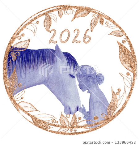 Gentle moment between horse person, watercolor illustration isolated on white painted in purple, golden accent. Perfect for year 2026 calendar, animal designs, trust, kindness, emotional storytelling 133966458