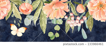 Delicate peonies butterfly watercolor seamless borer on blue. Hand-painted with high detail, perfect for wedding invitations, branding, packaging, fabric design, cards. Peach tones, green leaves 133966461