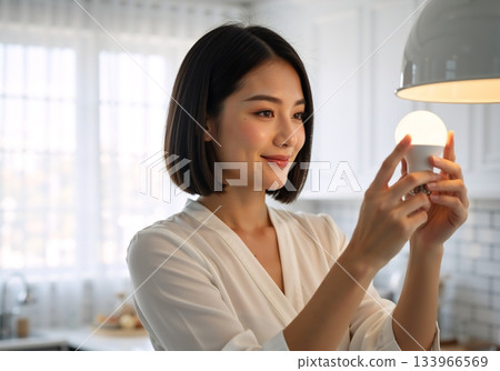 Smiling Asian woman holding a glowing LED light bulb. Smart home energy efficiency and innovation concept 133966569