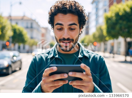 Surprised young man looking at smartphone on city street. Happy male using mobile phone for gaming or streaming. 5G and 6G technology and high speed internet connection concept 133966570