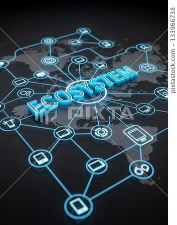 Digital ecosystem concept with glowing blue text and network icons. 3D illustration of global technology connection over world map background 133966738