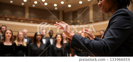 A smiling Black female conductor leading a choir during a classical music performance. Close-up on her hands with a diverse chorus singing in a concert hall. Artistic leadership and teamwork concept 133966859