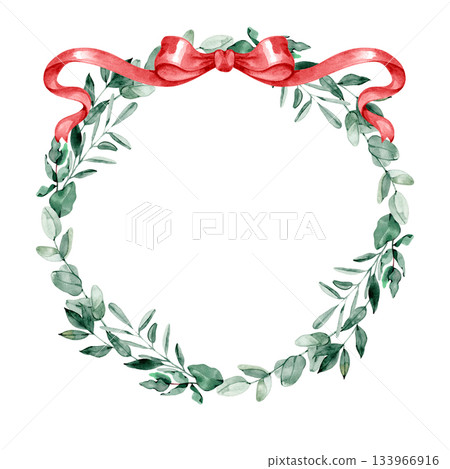 Watercolor eucalyptus wreath with a bright red bow. Festive botanical illustration perfect for Christmas cards, invitations, seasonal branding, packaging, and holiday decorative projects. Watercolor eucalyptus wreath with a bright red bow. Festive botanical illustration perfect for Christmas cards, invitations, seasonal branding, packaging, and holiday decorative projects. 133966916