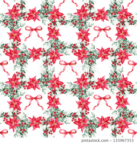 Holiday seamless pattern with bright poinsettias, soft eucalyptus branches and red accents. Ideal for Christmas packaging, scrapbooking, fabric prints, cards, branding and festive creative projects. 133967353