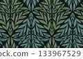 Vector seamless pattern with tracery leaf on dark green background. Tile texture with stylized foliage 133967529
