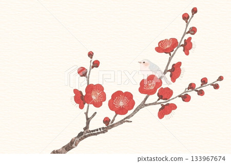 水彩復古紅梅花與鳥 AI 133967674