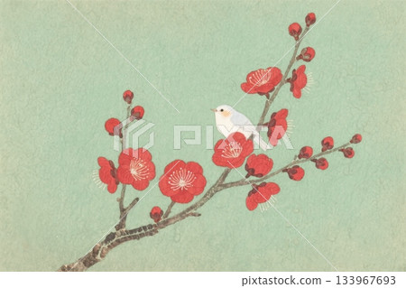 水彩復古紅梅花與鳥 AI 133967693