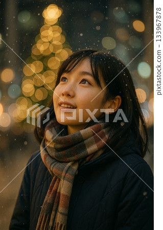 一群高中女生抬頭仰望雪鎮裡的燈光秀 133967878