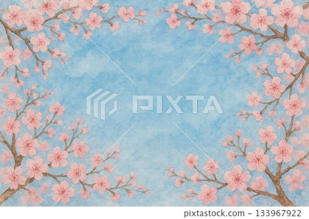 Frame material: Cherry blossoms in full bloom, blue sky, watercolor painting Frame material: Cherry blossoms in full bloom, blue sky, watercolor painting 133967922