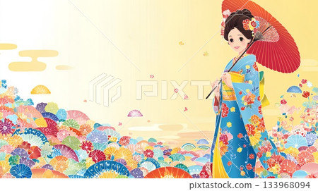 身穿白色花卉圖案正式和服的女子，背景中也穿著一件帶有花朵圖案的和服。 133968094