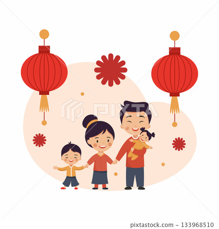 family celebrates traditional Chinese New Year. Cheerful characters celebrate national Asian holiday. 133968510