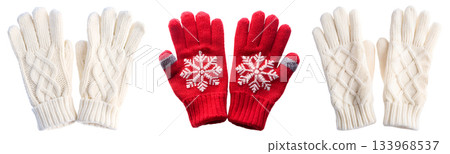 Set of winter Christmas gloves with winter patterns on transparent background, PNG image Set of winter Christmas gloves with winter patterns on transparent background, PNG image 133968537
