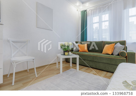Bright Cozy Living Area with Green Sofa and Soft Natural Light Bright Cozy Living Area with Green Sofa and Soft Natural Light 133968758