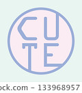 Pastel muted color "CUTE" round sticker style illustration, 350dpi 133968957