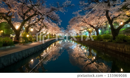 夜晚的櫻花被燈光照亮 133969086