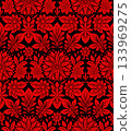 Vector gothic seamless pattern with decorative red flowers and leaves on black background. Detailed floral ornamental style 133969275