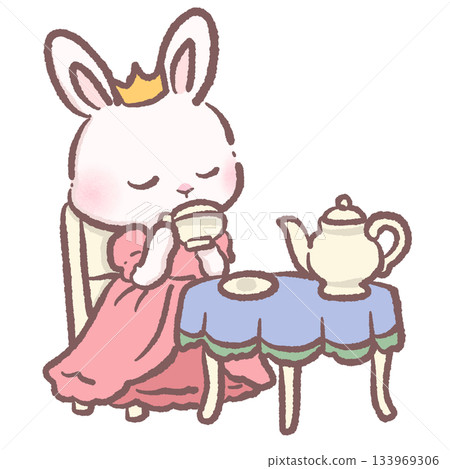 Kawaii bunny princess drinking tea at table cute pastel rabbit character cozy teatime fairytale scene adorable children storybook illustration charming art Kawaii bunny princess drinking tea at table cute pastel rabbit character cozy teatime fairytale scene adorable children storybook illustration charming art 133969306