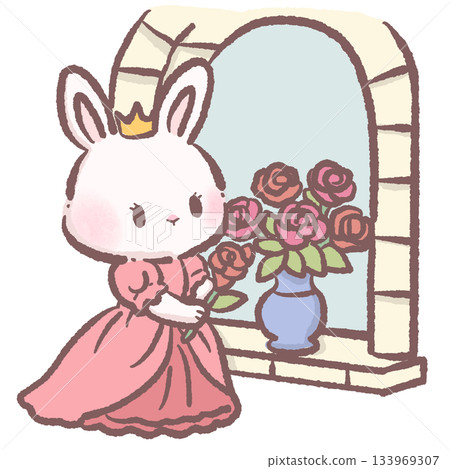 Kawaii bunny princess arranging roses at window cute pastel rabbit character floral fairytale scene adorable children storybook illustration Kawaii bunny princess arranging roses at window cute pastel rabbit character floral fairytale scene adorable children storybook illustration 133969307