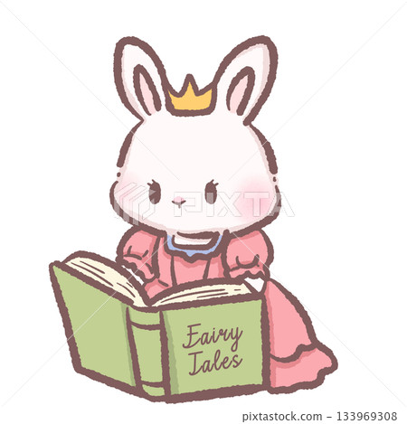 Kawaii bunny princess reading fairy tale book cute pastel rabbit character cozy storytime scene adorable children storybook illustration fairytale theme 133969308