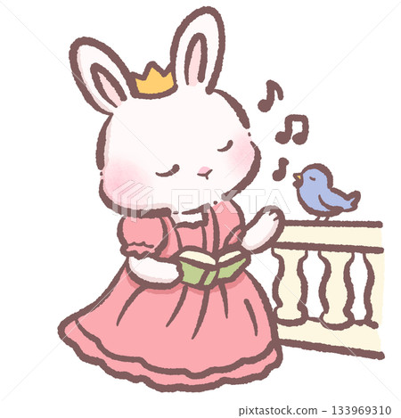 Kawaii bunny princess singing with bluebird holding book cute pastel rabbit character fairytale balcony scene adorable children storybook illustration 133969310