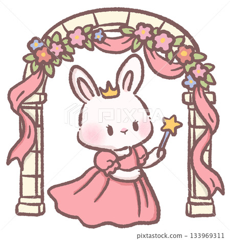 Kawaii bunny princess holding magic wand under floral arch cute pastel rabbit character fairytale garden scene adorable children storybook illustration 133969311