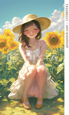 Woman wearing a hat in a sunflower field Woman wearing a hat in a sunflower field 133969341
