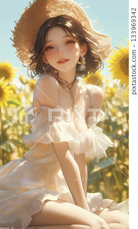 woman in sunflower field woman in sunflower field 133969342